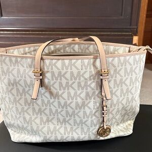 Michael Kors Cream Monogram Jet Set Travel Tote